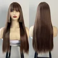 Front and back view of a long straight brown Hime cut wig with bangs on a mannequin - Tan