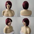 Detail view showing four angles of a burgundy bob wig with bangs for women - Side-swept Bob / Burgundy