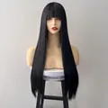 Front view of a long straight black synthetic wig with bangs on a display model - Black