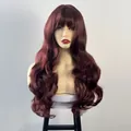 Detailed view of burgundy long wavy synthetic wig with elegant air bangs on mannequin head - Burgundy