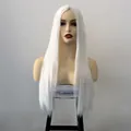 Front view of a long straight white synthetic wig with a classic middle part on a mannequin - Pure White