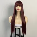 Macro detail of long straight wine red wig with bangs on professional mannequin head - Burgundy