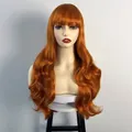Detailed view of ginger orange long wavy wig with air bangs on a mannequin head - Orange