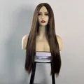 Detailed front view of a long straight middle part brown synthetic wig on mannequin - Tan