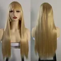 Close-up of pale blonde Hime cut wig with straight long hair and flat bangs on mannequin - Off White