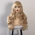 Detail of long wavy light blonde synthetic wig featuring soft curls and air bangs - Off White