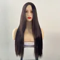 Detailed view of long straight dark brown synthetic wig with middle part on mannequin - Dark Brown