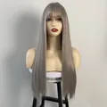 Detailed close-up showing the smooth texture and silver grey color of long straight hair wig - Silver Gray