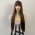 Detailed view of long straight brown wig with flat bangs on a mannequin head - Tan