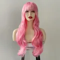 Detail of long wavy pink synthetic wig with air bangs on a mannequin head display - Pink