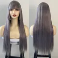 Front and back detail of long smoky purple Hime cut straight wig with neat bangs - Dusty Blue