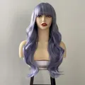 Detail of long wavy lavender purple gradient synthetic wig with bangs on a mannequin head - Dusty Blue
