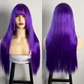 Detail view of purple long straight wig with blunt bangs and high-quality synthetic fiber - Purple
