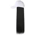 White baseball cap with long straight black hair extensions for daily fashion use - White Hat Black Hair