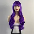 Detail of long wavy purple synthetic wig with air bangs on a mannequin head - Purple