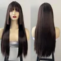 Front and back view of long straight brown hime-cut wig with flat bangs and side steps - Dark Brown