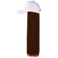 White baseball cap with long straight dark brown hair extensions, side view - White Hat Light Brown Hair