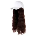 Deep brown long wavy hair wig attached to a white baseball cap for women's casual style - White Hat + Dark Brown Wig