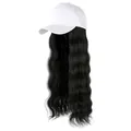 White baseball cap with long wavy black synthetic hair wig for women stylish look - White Hat + Black Wig