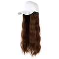 White baseball cap with long wavy dark brown synthetic wig for a stylish hair extension - White Hat + Light Brown Wig