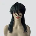 Detailed view of black medium-length layered synthetic wig with long bangs on a mannequin - Black