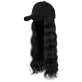 Long wavy black hair extension attached to a classic black baseball cap for women - Black Hat + Black Wig