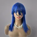 Vibrant blue medium-length straight wig with bangs displayed on a mannequin bust - Blue