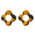Macro detail of dark brown tortoiseshell acetate flower earrings with gold metal centers - Gold Edged Coffee Four-Leaf Clover (EH00166)