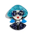 Spilla ritratto retrò in acrilico con capelli blu glitterati e occhiali leopardati donna - Stile Motivo Acqua e Leopardo Blu Verde