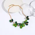 Golden chain necklace with six translucent emerald green resin flower pendants - Dark Light Green
