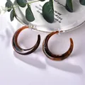 Elegant tortoiseshell acrylic C-shaped hoop earrings with metal studs and vintage texture - Brushed Dark Coffee (EH00063)