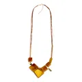 Ethnic acrylic necklace with amber resin square pendants and brown wax cords - Mustard Yellow