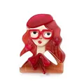 Fashionable red-haired woman acrylic brooch pin with beret and glasses design - Magenta