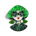 Acrylic avatar brooch with green glitter bob hair and leopard print glasses detail - Green Water Pattern & Leopard Style