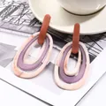 Geometric acrylic drop earrings in marbled brown and purple layered oval design - Nested Geometric (EH00146) / Dusty Pink And Grey-Purple