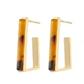 Fashionable amber acrylic rectangular drop earrings with gold metal base on white background - Coffee Acetate