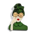 Green resin acrylic portrait brooch pin with gold sunglasses and red lips for women - Starry Sky Green