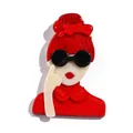 Acrylic pop art brooch featuring a woman with red marble hair and black sunglasses - Glitter Red