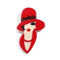 Retro red acrylic lady avatar brooch with wide-brimmed hat and black lace detail - Red