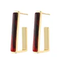 Modern gold J-shaped earrings with red and black marble acrylic resin inlay - Dark Red