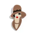 Elegant vintage lady acrylic brooch featuring a wide-brimmed hat and red lips design - Light Coffee