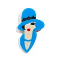 Artistic acrylic brooch featuring an elegant woman in a vibrant blue wide-brimmed hat - Blue