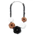 Bohemian acrylic necklace featuring large resin roses in black, white, and brown - Black White Khaki