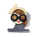 Artistic acrylic brooch featuring woman with black glasses and red lips design - Dark Brown Yellow Fragment Brooch