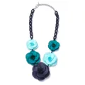 Bohemian acrylic flower necklace featuring blue and green resin charms with chunky black chain - Deep and Light Blue