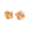 Minimalist flower earrings with white pearl petals and amber translucent accents - Yellow and White (EH00213)