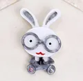Cartoon rabbit brooch made of grey marble acrylic with sparkling rhinestone accents - White Gray White