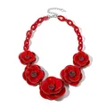 Bohemian acrylic necklace with five vibrant red oversized rose flowers and resin chain - Dark Red