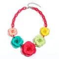 Bohemian colorful acrylic flower necklace with vibrant 3D resin roses and red plastic chain - Multicolor