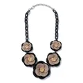 Bohemian acrylic flower necklace featuring stacked black and taupe camellia resin petals - Black, Gray, Beige